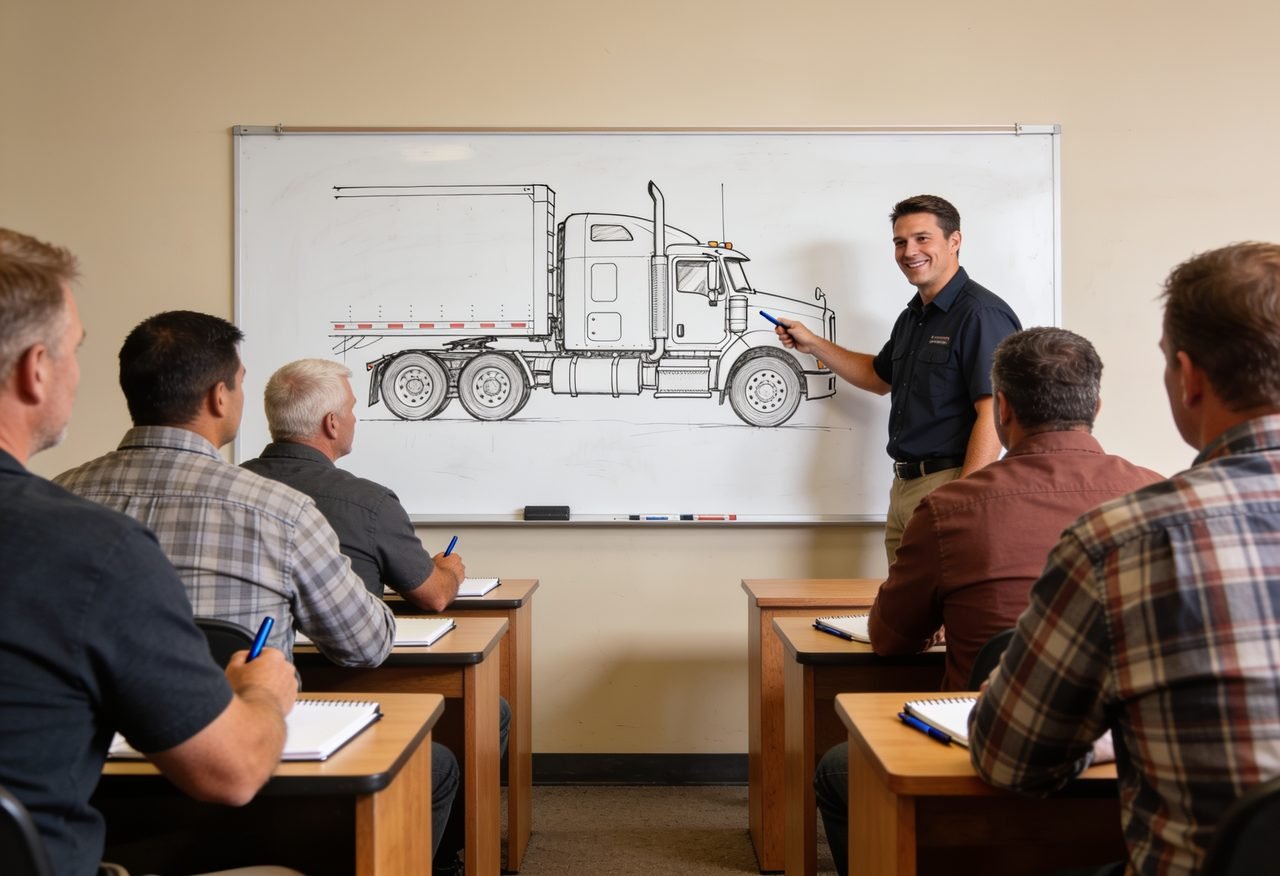 Adult students in a CDL training classroom with an instructor