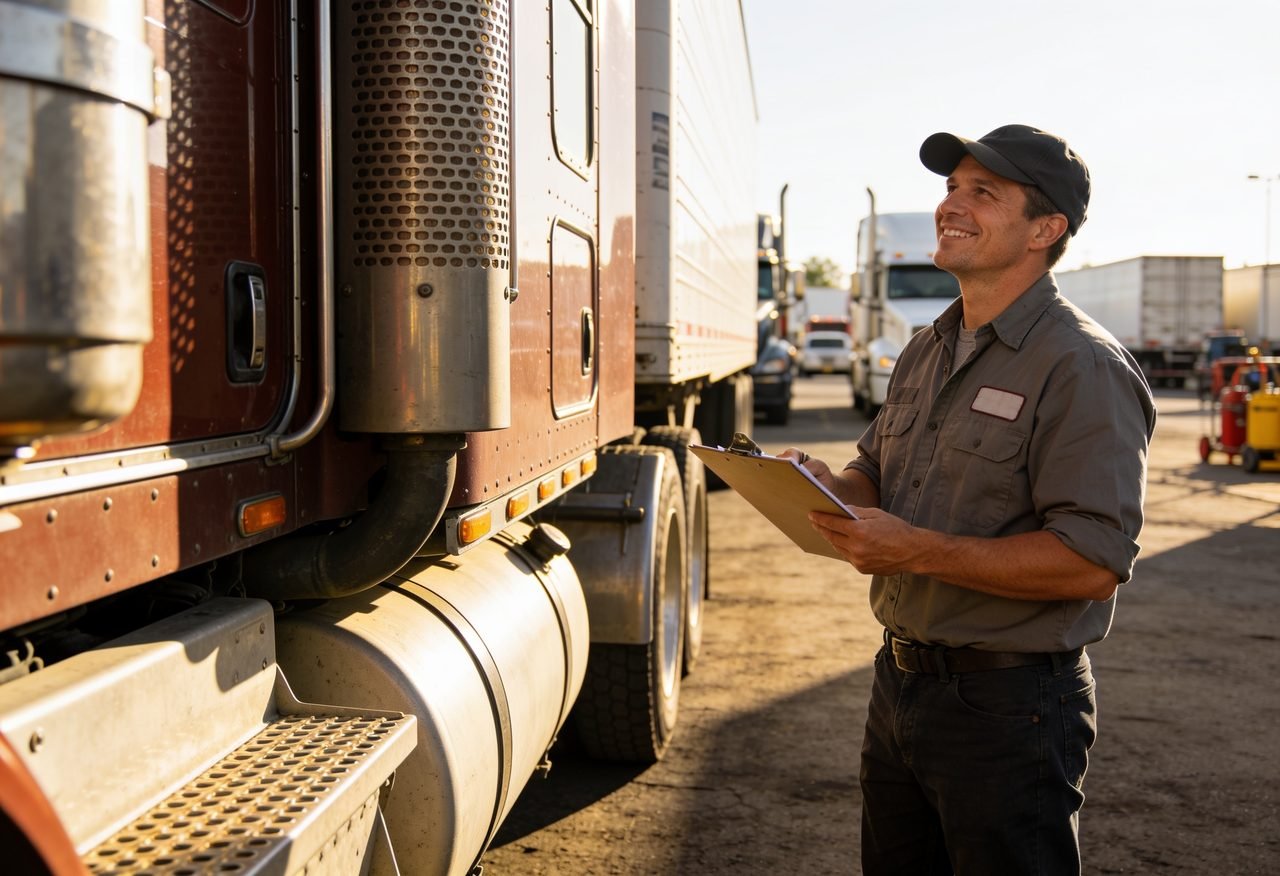 A truck driver doing a pre-trip inspection with a clipboard