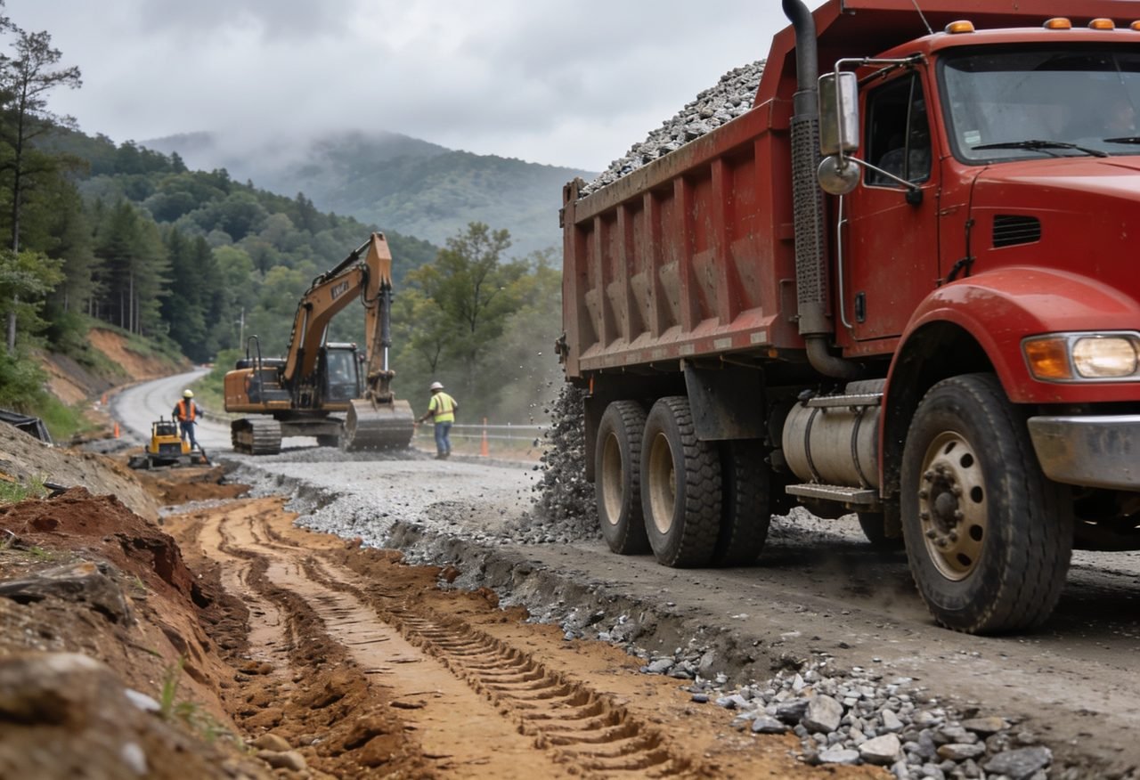A red dump truck hauling gravel at a Western NC road construction site