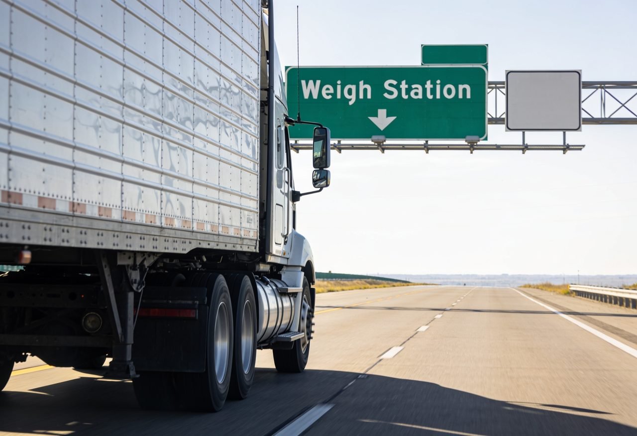 A semi truck approaching a Weigh Station sign on the highway