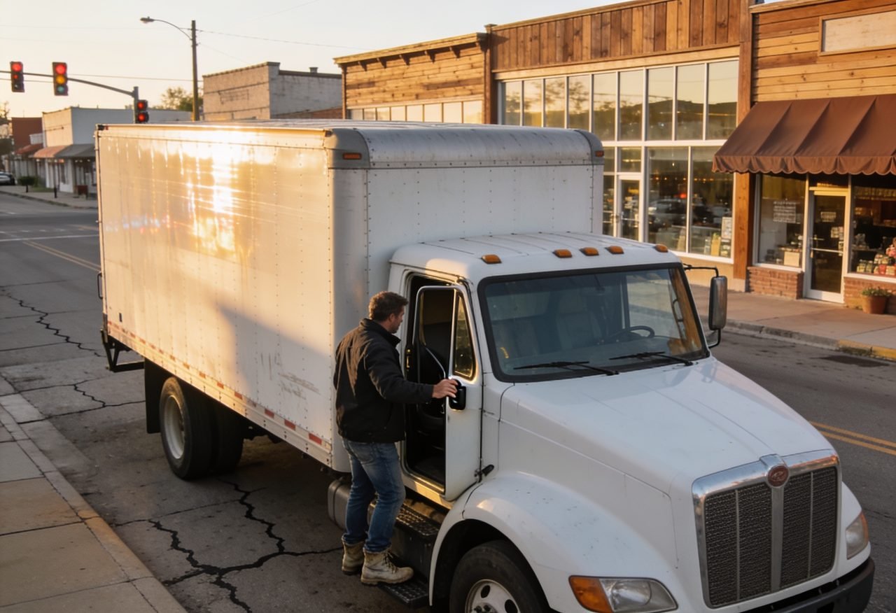 A truck driver making a local delivery on a small-town main street