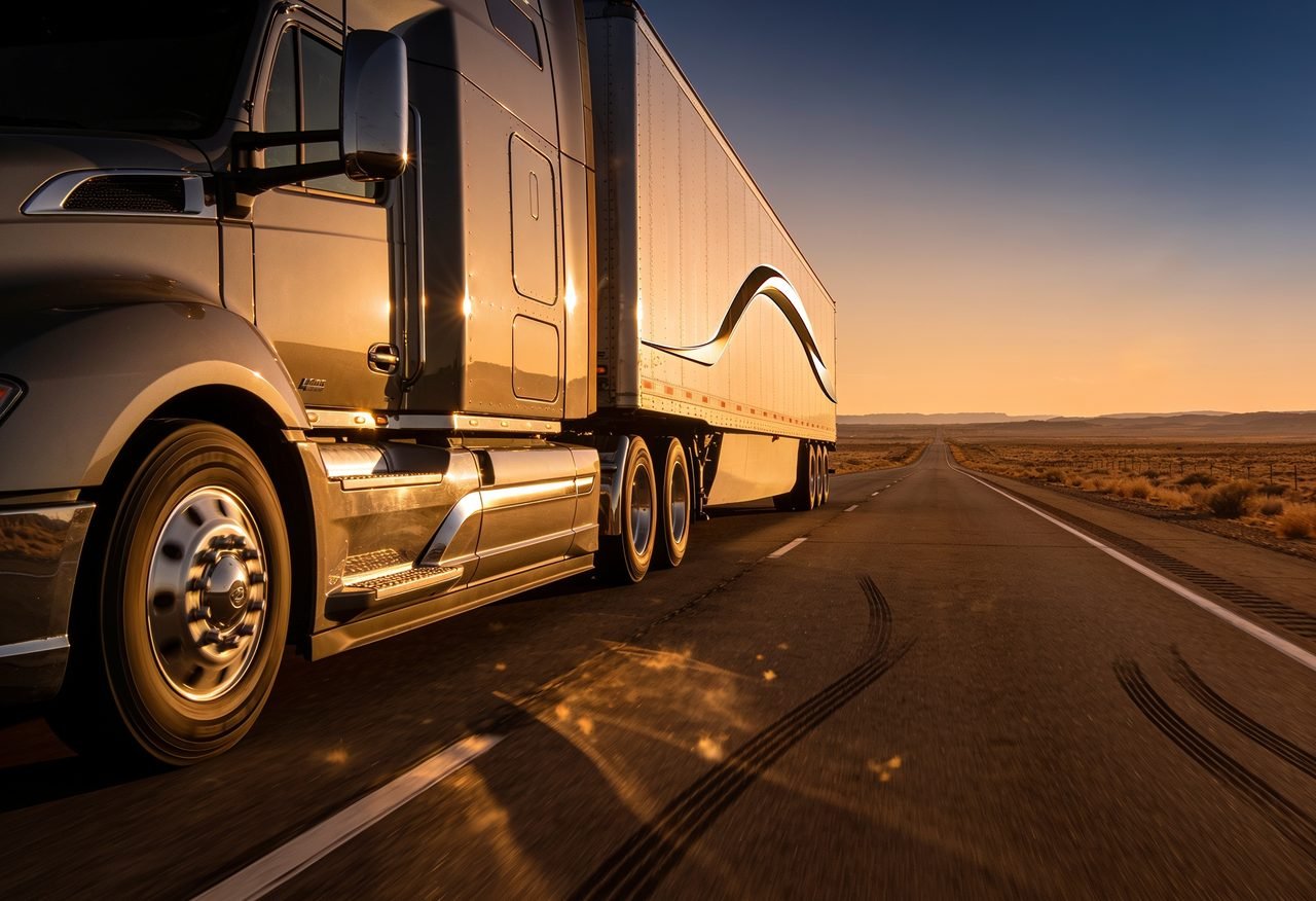 A modern semi truck on an open highway at golden hour