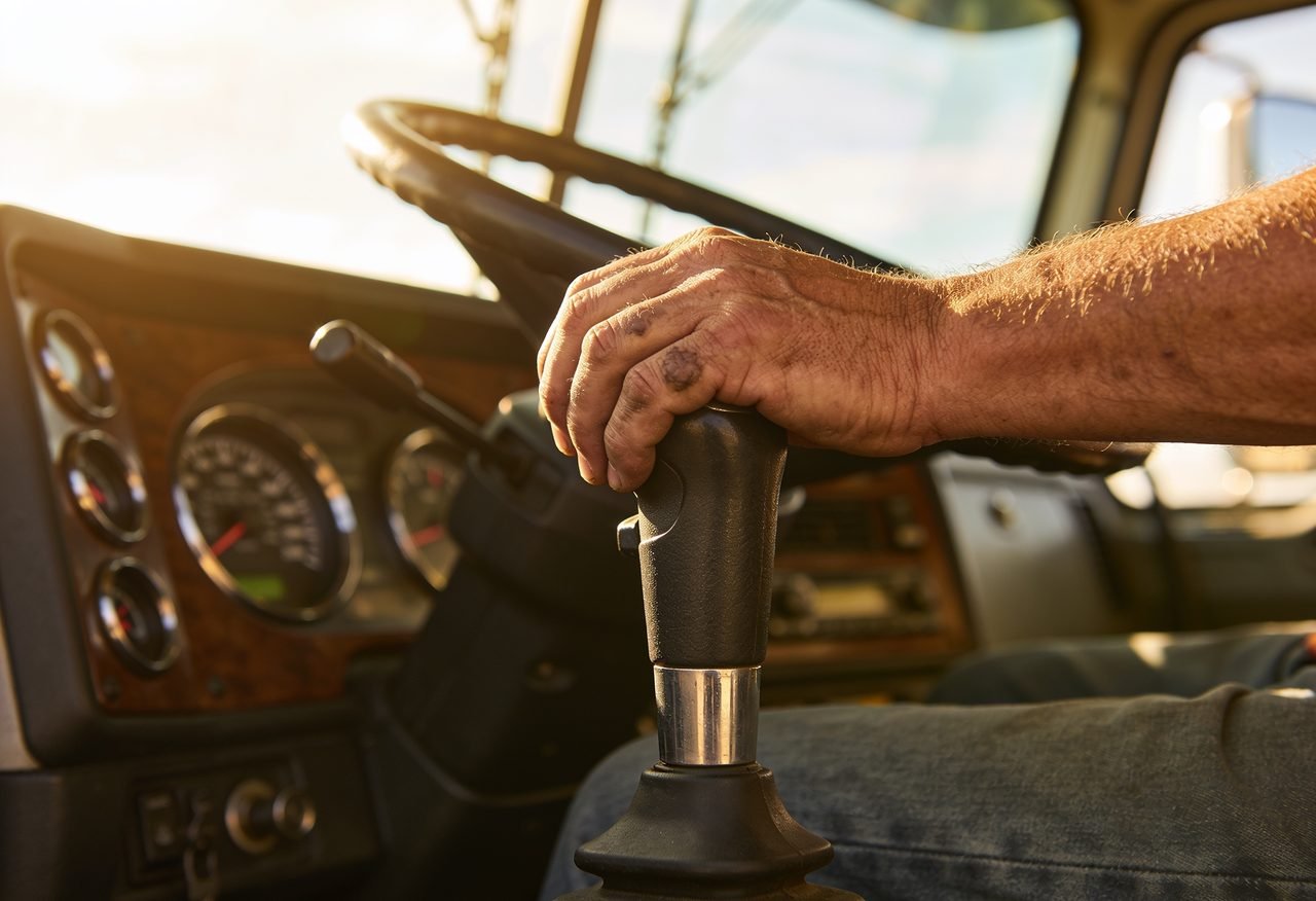 A driver's hand on the manual gear shifter in a truck cab