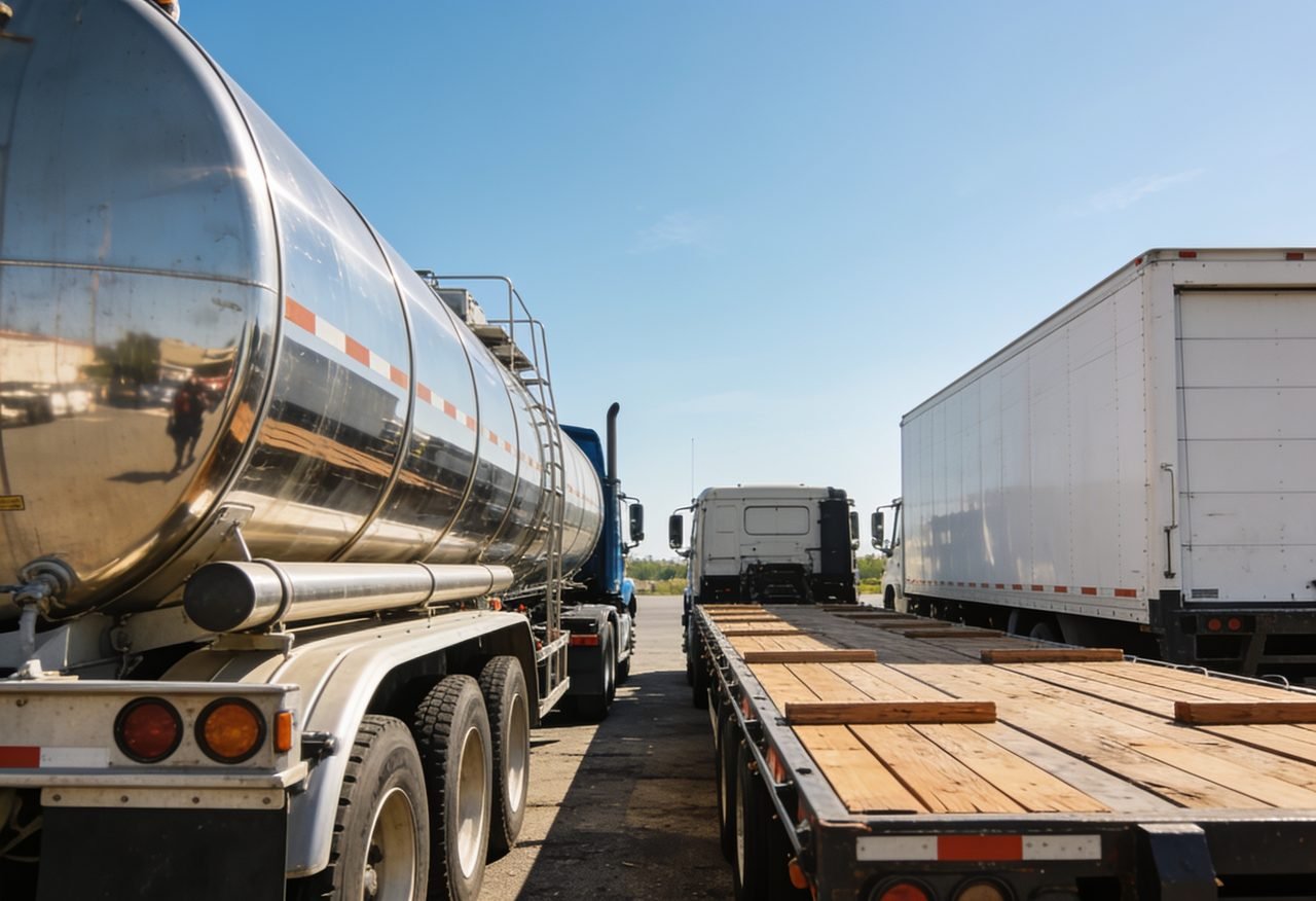 A tanker, flatbed, and box truck parked in a row